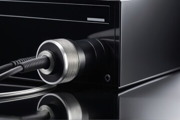 3d printing machine: Close-up of glossy black offset ink in stainless steel duct alongside a fiber-optic digital data cable, highlighting precision and cleanliness in the printing press setup.
