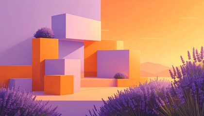 Geometric Serenity: Lavender Podiums in a Warm Orange and Purple Sunset Glow.