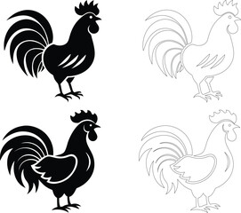 Silhouette of a rooster with exaggerated large tail feathers, flat bold black vector