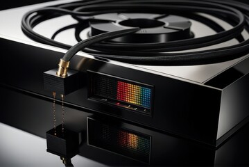 3d printing machine: Black offset ink within stainless-steel duct contrasted with shiny fiber-optic digital data cable, showing high-tech press controls in a clean, professional printing system.