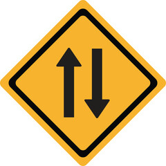 Two-way Traffic Warning Sign: Yellow Diamond, Black Arrows, Cautionary Graphic