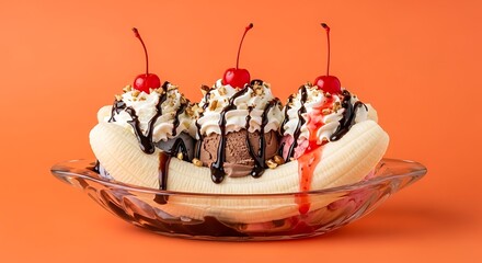 Banana Split Dessert with Whipped Cream and Cherries.