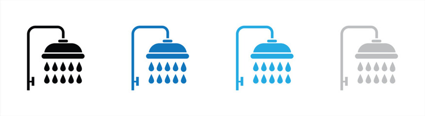 Shower Icon Set – Black, Blue, and Gray Bathroom Water Drop Symbol for Hygiene, Bathing, and Sanitation Vector Illustration