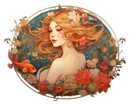 PNG Koi fih and flowers art painting graphics.