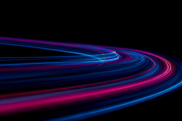 Abstract light trails in blue and pink waves on black background  