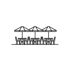 Outdoor patio with tables and umbrellas with transparent background