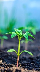 Young tomato seedling in dark soil