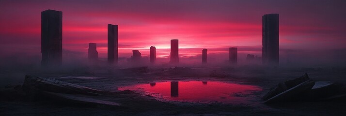 Surreal red sunset over mysterious monolithic ruins