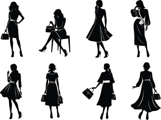 Black silhouette women in various stylish outfits and poses, fashion model vector illustration, elegant female figures with handbags, casual and formal clothing design