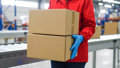 Worker in red jacket holds two cardboard boxes on a conveyor belt in a warehouse