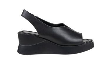 Sleek Black Leather Slingback Wedge Sandal on Transparent Background