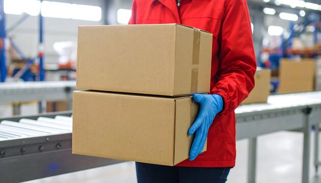 Worker in red jacket holds two cardboard boxes on a conveyor belt in a warehouse