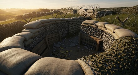 Fortified Sandbag Bunker with Razor Wire Under Warm Sunset Light