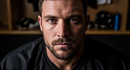 Intense Man Wearing Black Shirt Close-up Portrait in Dark Locker Room