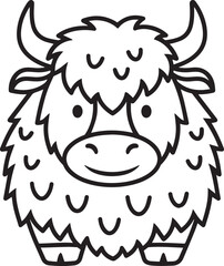 Cute Shaggy Bull or Yak Outline Icon Simple Black and White Vector of Farm Animal, Livestock, Wildlife, Cartoon Cattle Symbol