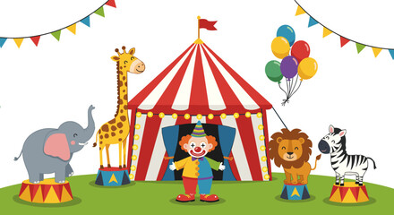 Colorful circus scene with clown and playful animals in tent ,for invitations to children's parties and decorations for celebrations 