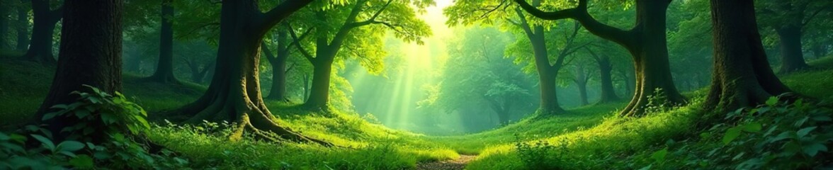 Obraz premium Lush green forest scene with sunlight filtering through the canopy, creating dappled shadows on the forest floor Perfect for nature, environmental, and fantasy backgrounds , leaves, foliage, vibrant
