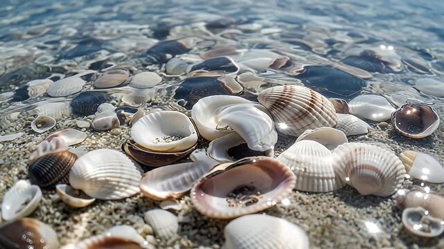Close Up of Seashells on Sandy Beach with Clear Water and Natural Light