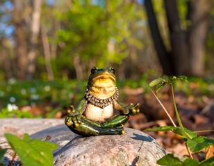 Zen frog on a rock in a forest