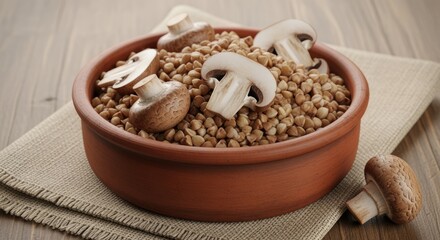 Rustic Clay Bowl with Buckwheat and Brown Mushrooms on Burlap Fabric