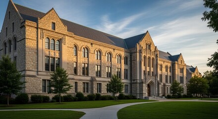 Sandstone Building Facade at Sunset on Green Campus Grounds
