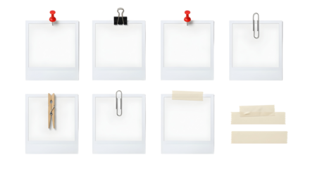 Collection of blank instant photo prints held by various fasteners and tape, isolated on white