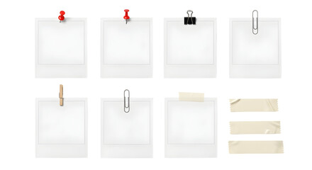 Collection of polaroid frames with pushpins, paper clips, clothespin, and tape on a white background