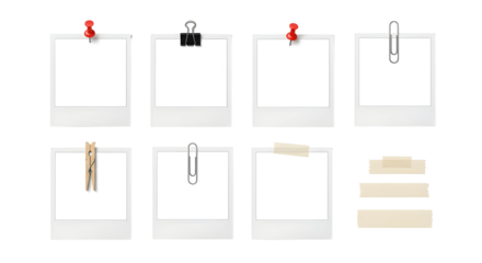 Collection of eight blank instant photo frames with various office supplies, isolated on white background