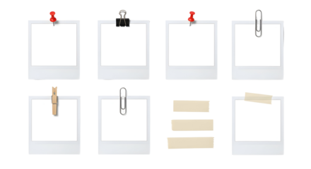 Eight blank polaroid photo frames with paper clips, thumbtacks, tape and a wooden peg, isolated on white