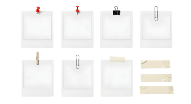 Collection of polaroid frames with pushpins, paper clips, clothespin, and tape on a white background