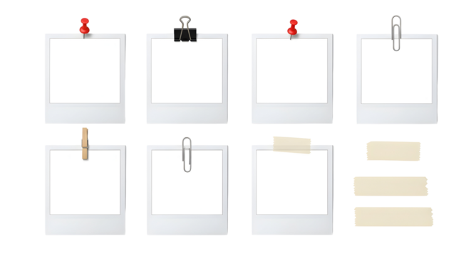 A collection of blank instant photo prints, each secured with different office supplies against a white background