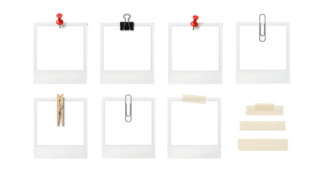 Collection of eight blank instant photo frames with various office supplies, isolated on white background