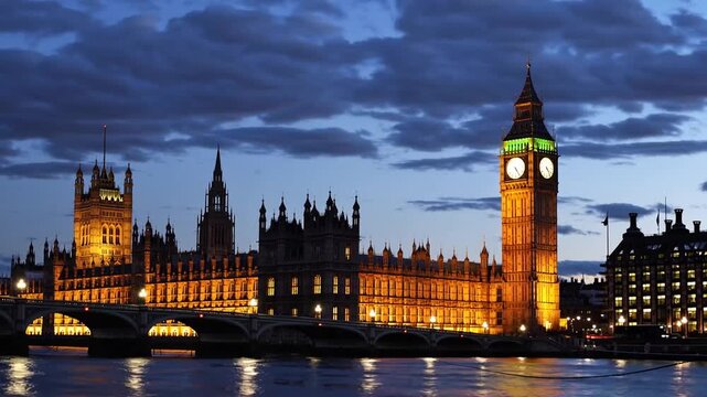 Historic parliamentary building and clock tower situated alongside river during the evening hours
