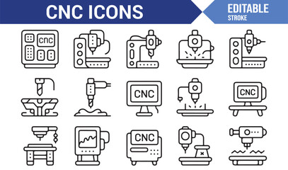Modern set of cnc machine icons for industrial design and technology