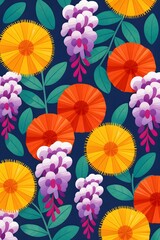 Naklejka premium Floral Rhapsody: A vibrant graphic of meticulously crafted flowers, showcasing intricate petals, and delicate blossoms arranged in a harmonious array of floral elements.