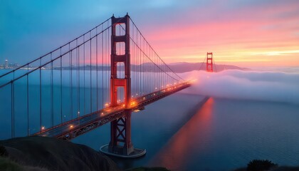 Obraz premium Golden gate bridge at dusk with fog rolling in and pink sky reflecting in the water below the bridge