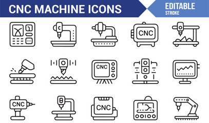 Modern cnc machine icons for industrial design and technology