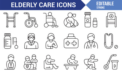 Collection of icons representing elderly care services and support