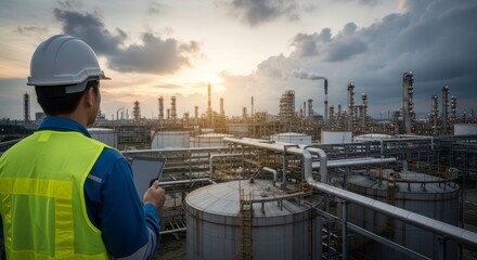 Engineer in safety vest and helmet inspecting industrial refinery plant