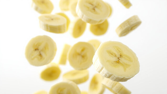 Sliced Bananas Falling Against White Background fruit food