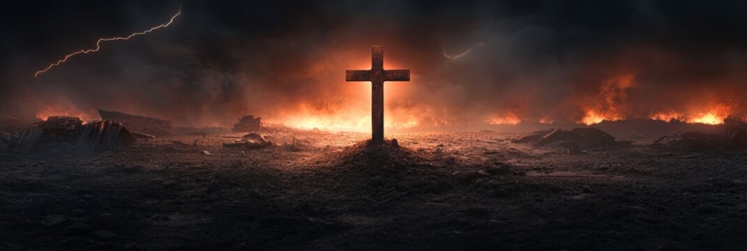 Dramatic cross in apocalyptic landscape with dark clouds