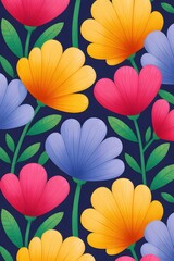 Floral Fantasy: Vibrant cartoon-style floral artwork depicts a repeating pattern of stylized blooms and lush green foliage. This digital composition brings a touch of joy and vitality.