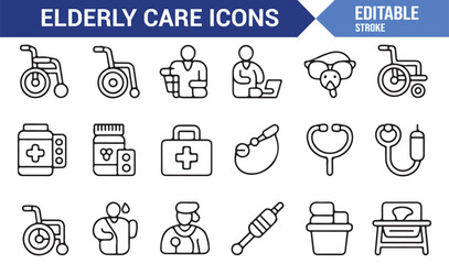 Collection of icons representing elderly care services and support
