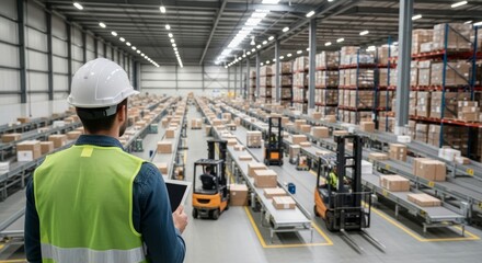 Warehouse worker with tablet overseeing inventory management
