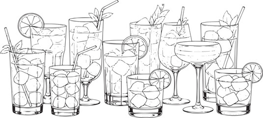 Collection of assorted cocktails and alcoholic beverages in various glassware perfect for parties and celebrations