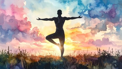 Silhouette of a man in yoga tree pose, embracing balance and wellness against a vibrant watercolor sunrise