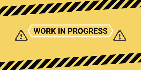 Work in Progress. Under Construction. A modern vector banner with warning stripes and a futuristic font for a website maintenance page, a "coming soon" announcement, or an app update screen.