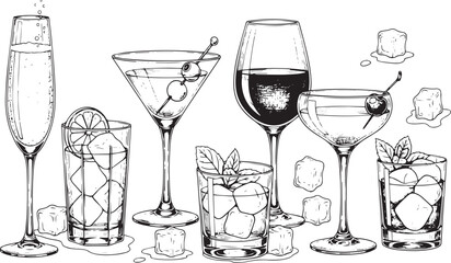 Collection of assorted alcoholic beverages and cocktails in elegant glassware elegant toast