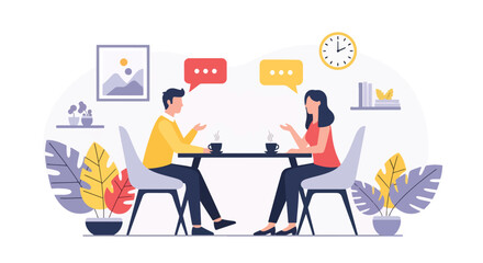 Flat illustration of two people having a coffee meeting at a café table, highlighting conversation, networking, and professional or casual discussion in a modern setting