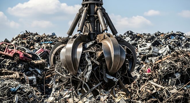 Industrial hydraulic grapple claw moving a huge pile of scrap metal in a recycling junkyard